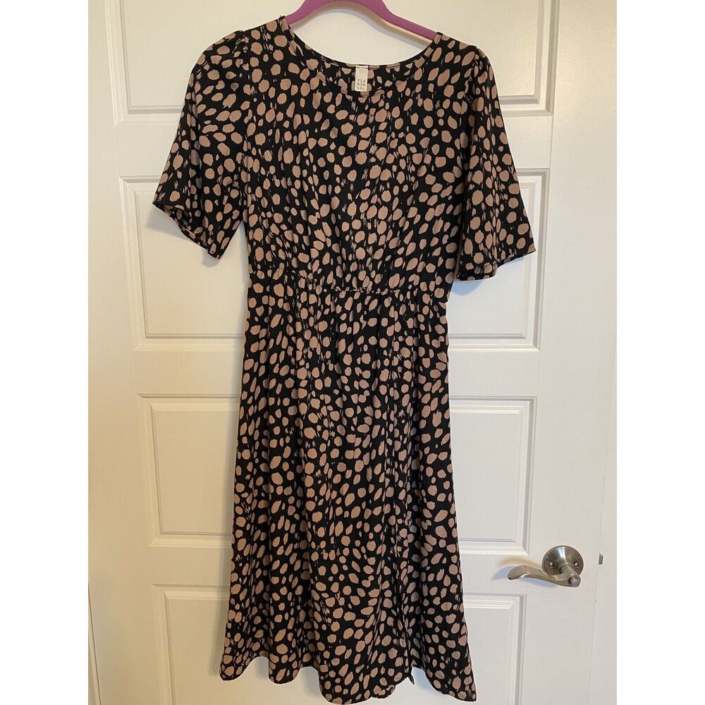 Flamingo Small MIDI Dress Black Brown Pattern Elastic Waist W/Slit Built in Slip